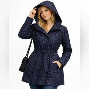 Lands' End Navy Blue & White Polka Dot Quilted Lining Rain Coat & Hood Size 2X